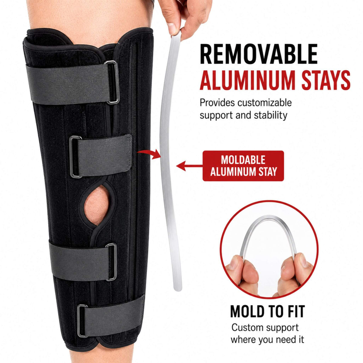 Removable moldable aluminum stays provide customizable support and stabilization for the Tri-Panel Knee Immobilizer.