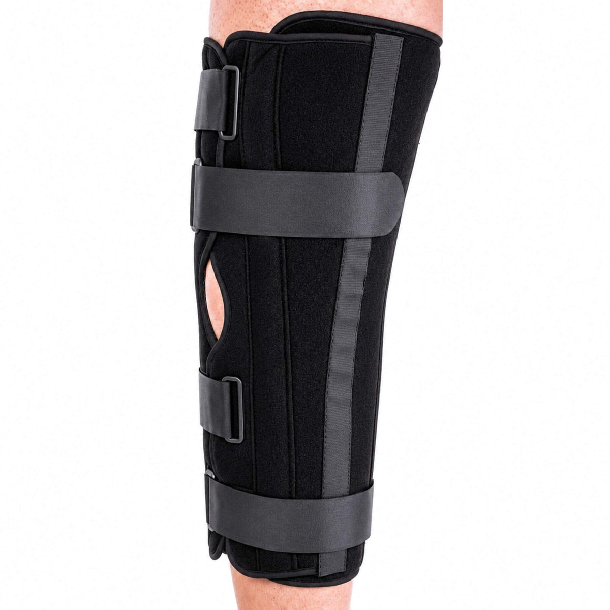 Side view of the adjustable Tri-Panel Knee Immobilizer with open patella design and secure hook-and-loop straps.
