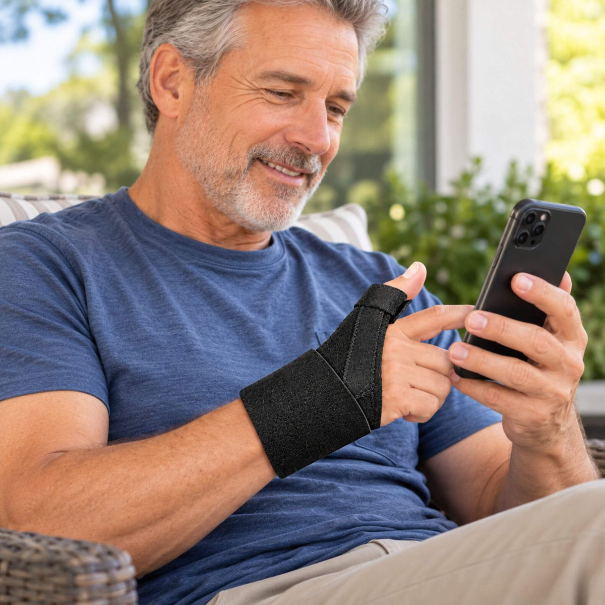 Man wearing Wahoo thumb splint and CMC thumb brace while using a smartphone