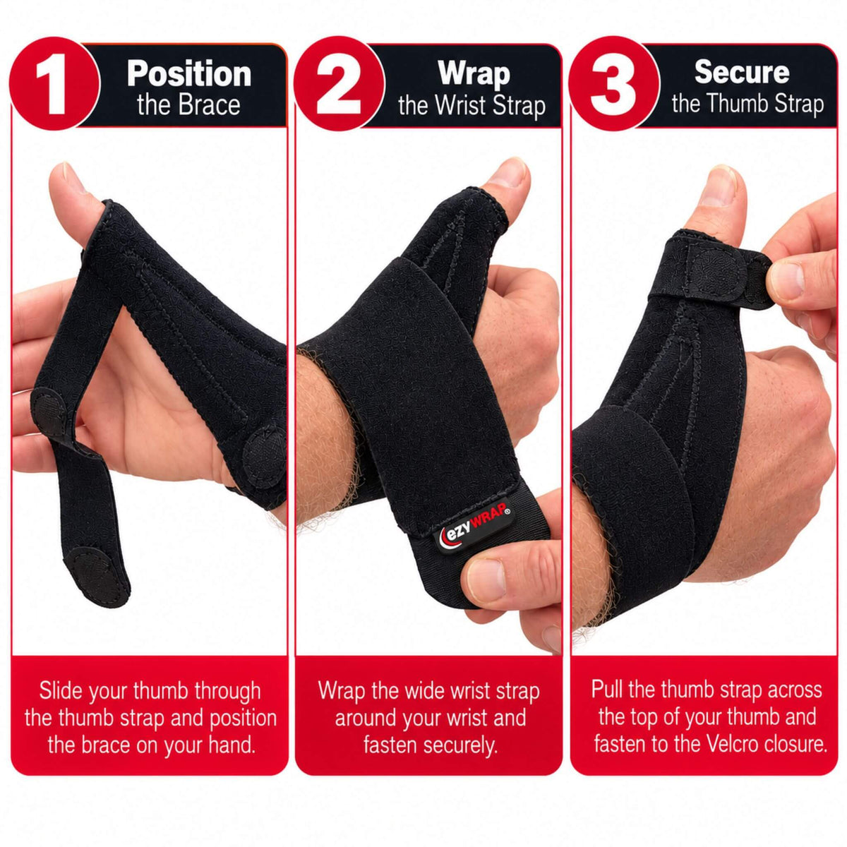 Three-step guide showing how to put on and secure the Wahoo CMC thumb brace