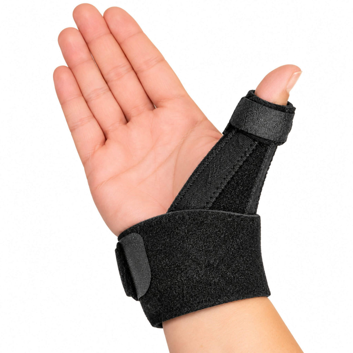 Palm view of Wahoo thumb splint showing adjustable thumb strap and wraparound wrist support