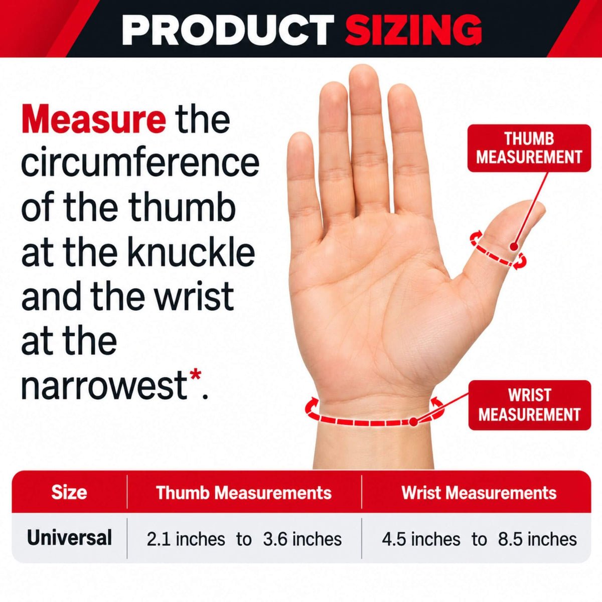 Wahoo thumb splint and CMC thumb brace sizing guide showing thumb and wrist measurements