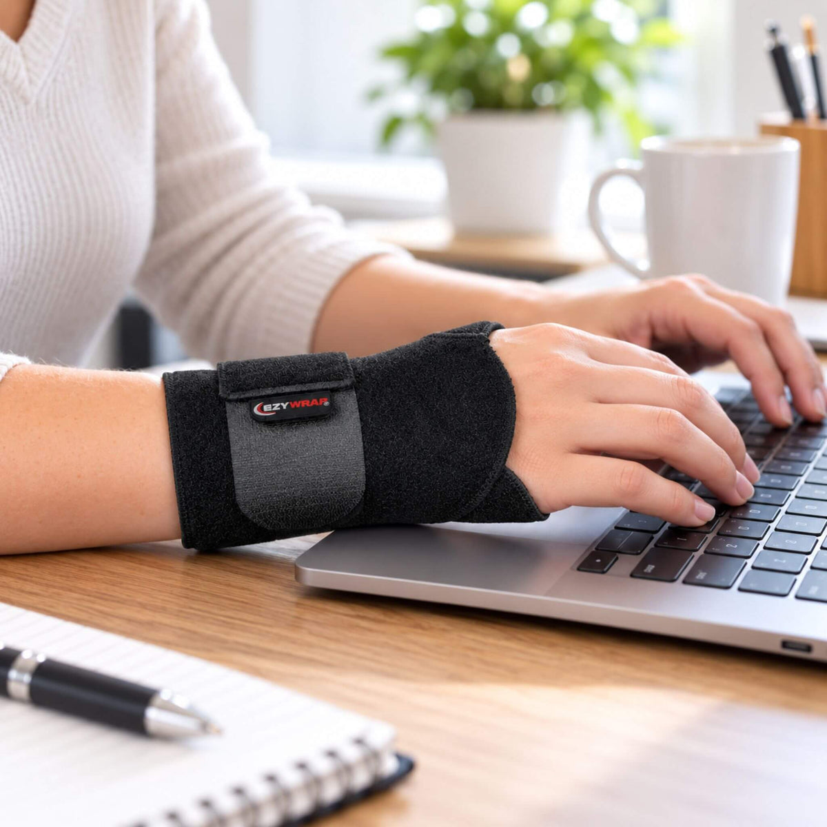 Woman wearing Jonah wrist brace while typing on a computer for everyday wrist support