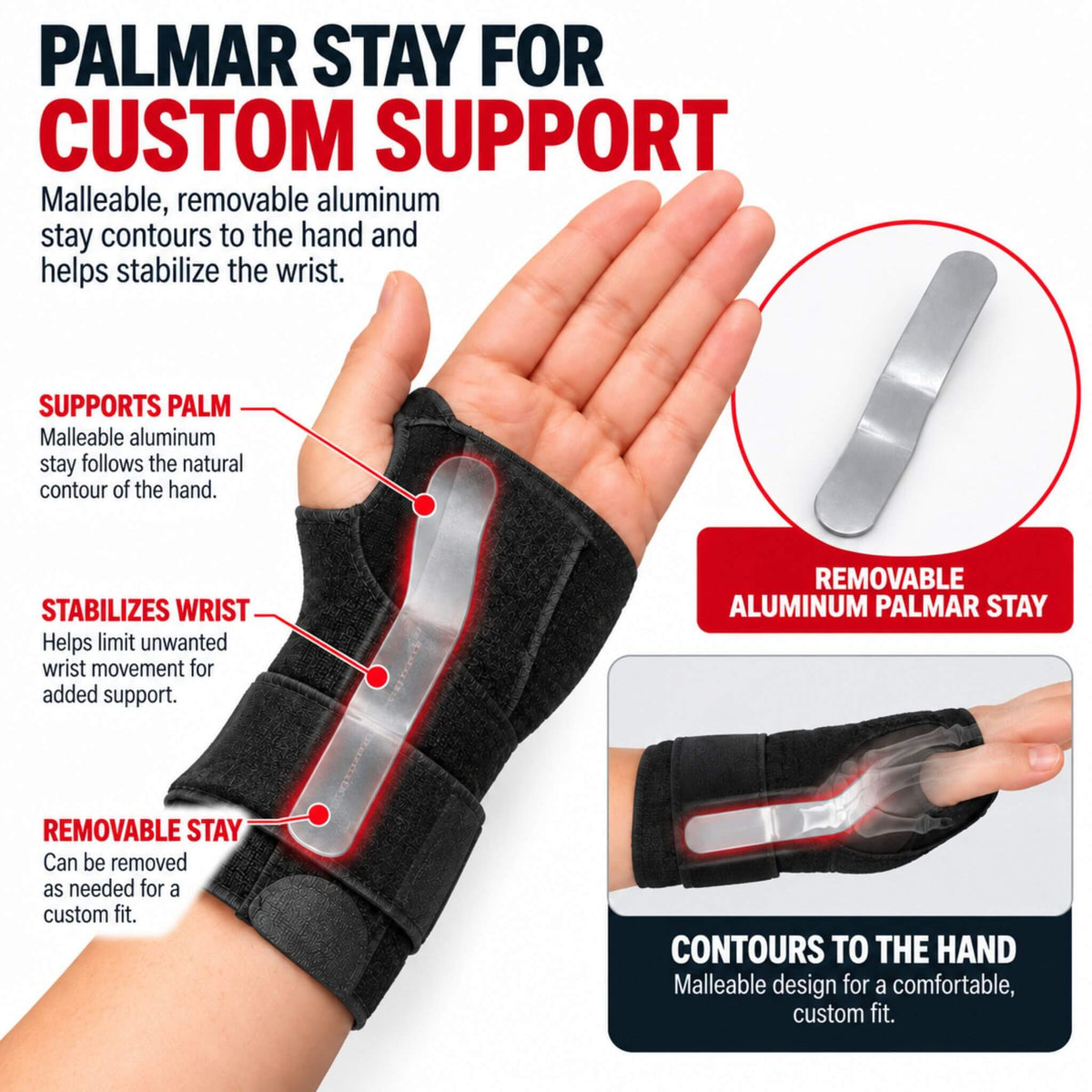 Jonah wrist brace palmar stay showing removable aluminum support that contours to the hand
